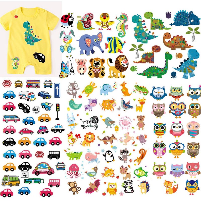 MWOOT (5 Sheets) Baby Iron On Transfers Patches Set, MWOOT Kids Appliques Assorted Car Dinosaur Animal Heat Transfer Stickers for T-Shirt Clothing Jeans Backpack Decorations DIY - Image 1
